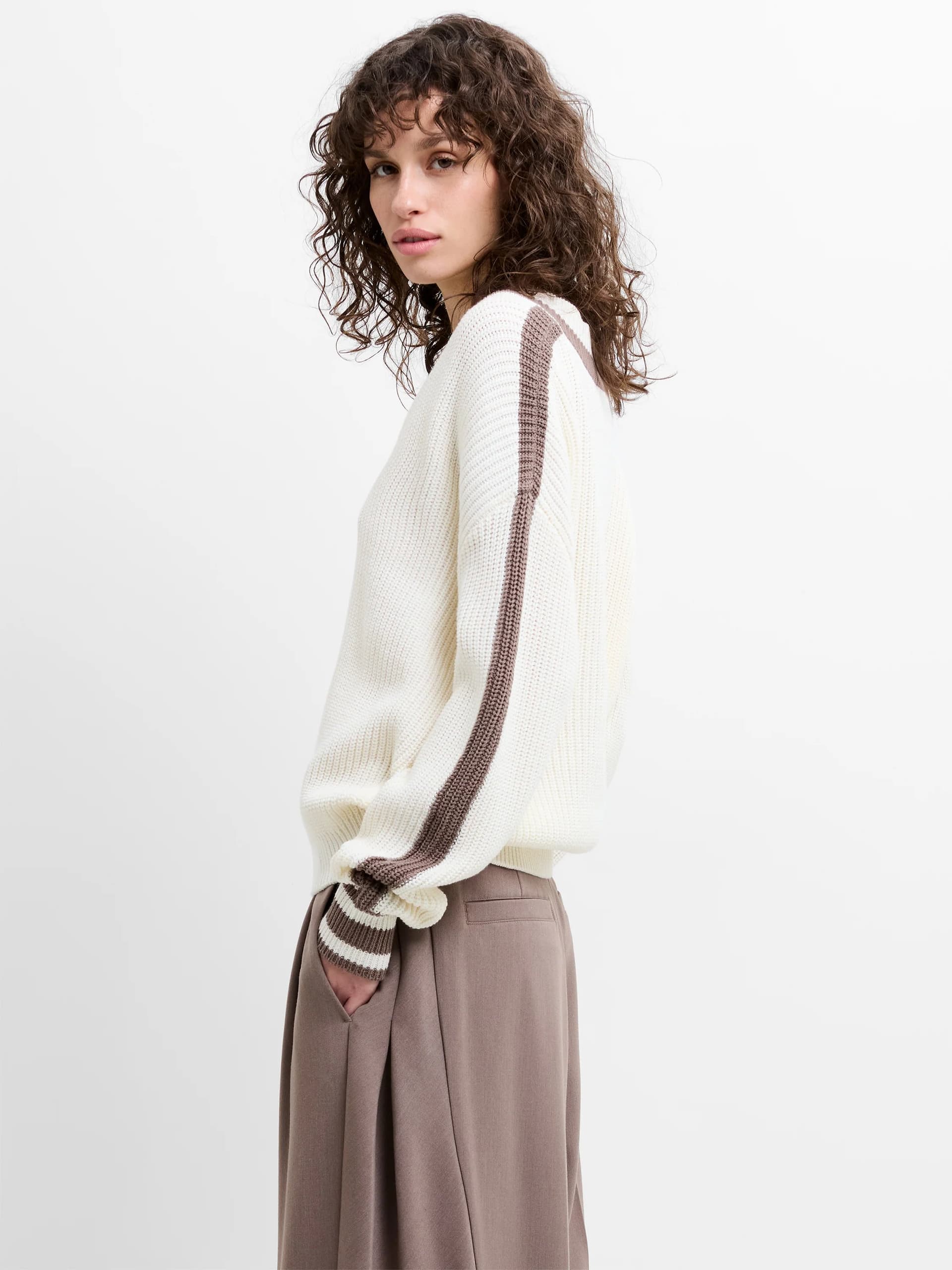 French Connection Varli Knit Varsity V Neck Jumper Summer White/Taupe