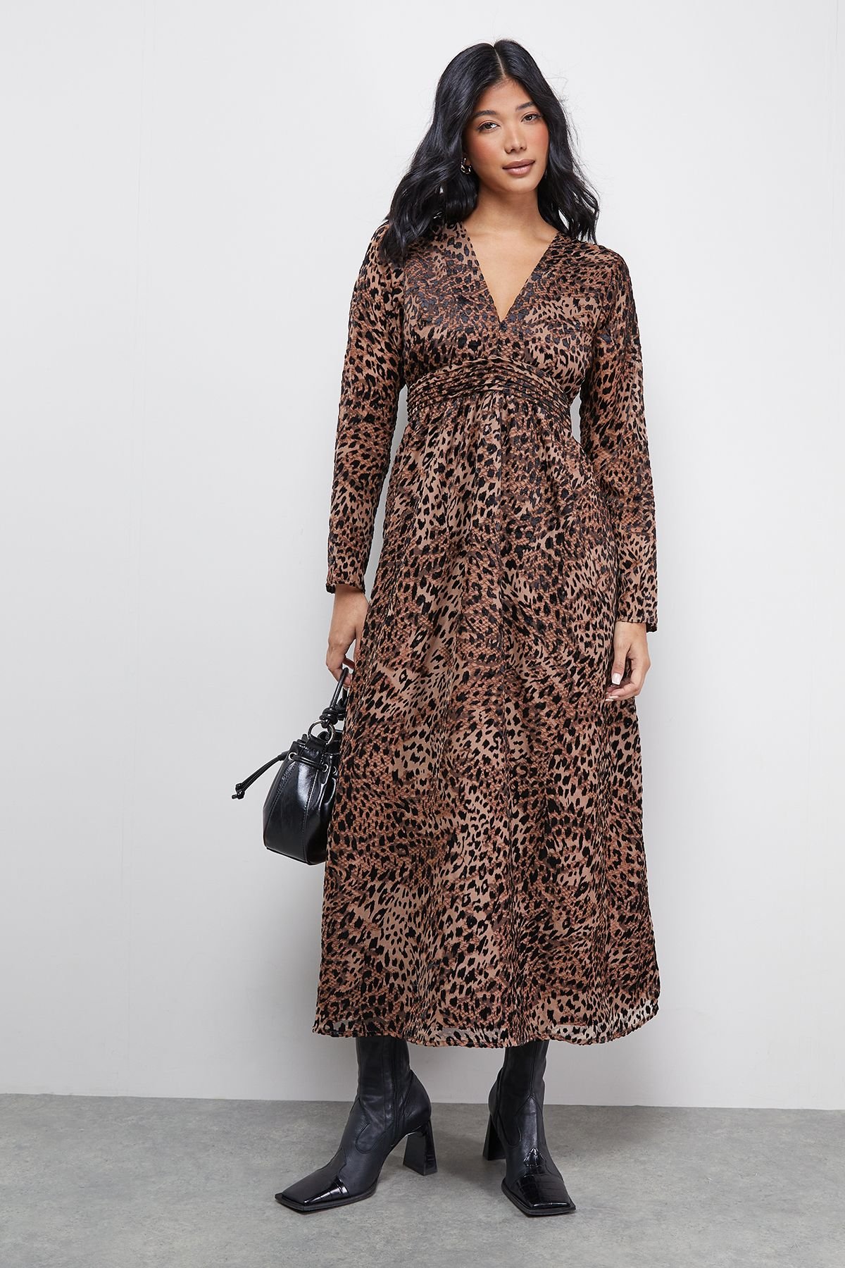 Warehouse Warehouse Women's Petite Burnout Velvet Plunge Neck Waisted Midi Dress in Animal - 2