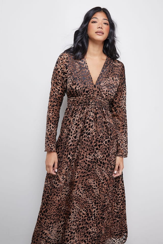 Warehouse Warehouse Women's Petite Burnout Velvet Plunge Neck Waisted Midi Dress in Animal - 2