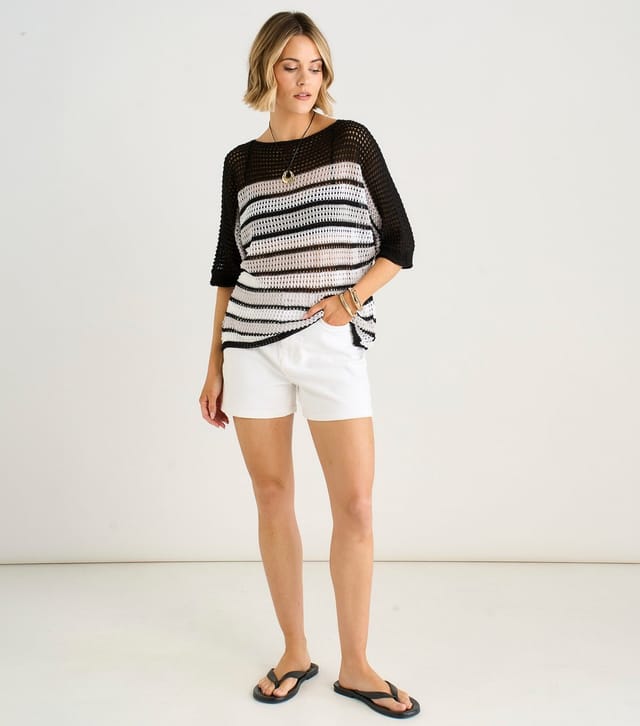 Gini London Women's Black Striped Crochet Round Neck Top Gini London New Look - 2