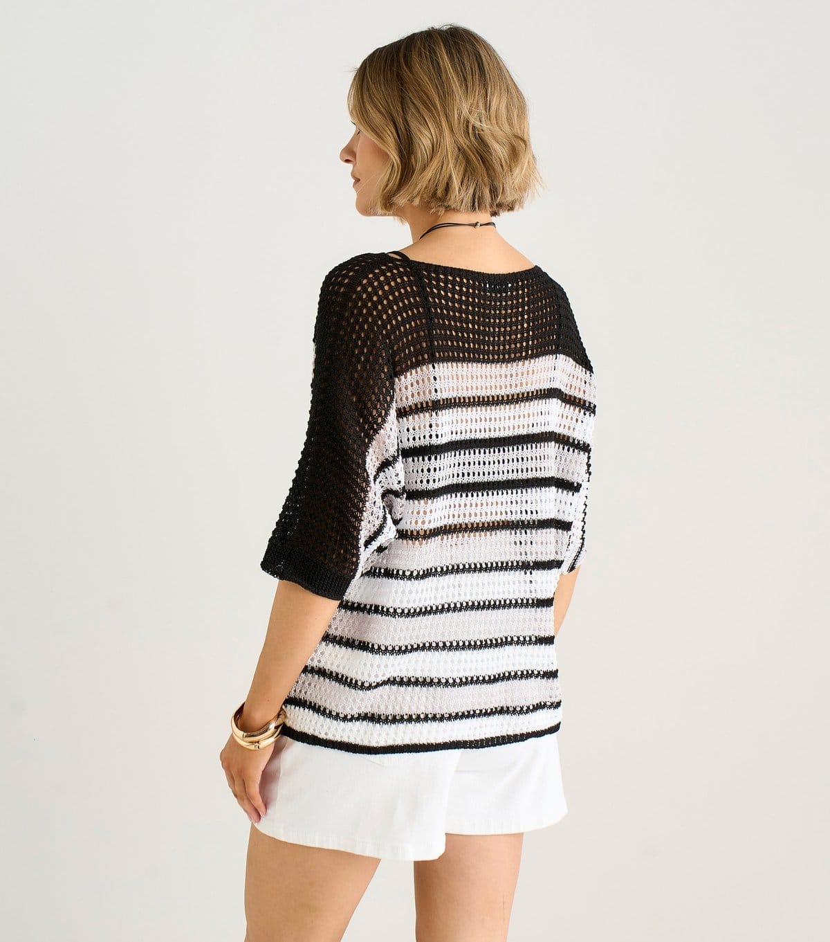 Gini London Women's Black Striped Crochet Round Neck Top Gini London New Look - 4