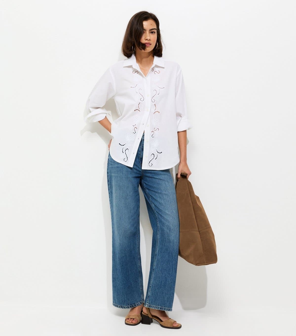 New Look Women's White Embroidered Cut Out Long Sleeve Shirt New Look