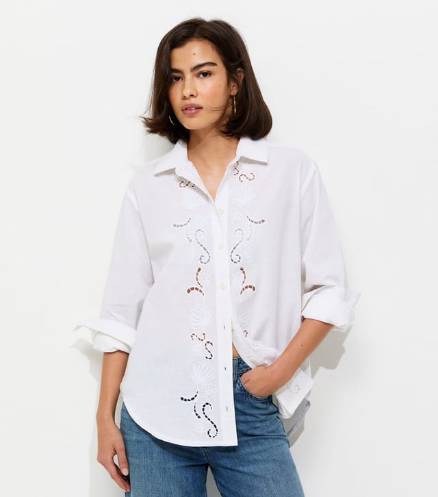 New Look Women's White Embroidered Cut Out Long Sleeve Shirt New Look - 2