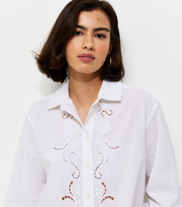 New Look Women's White Embroidered Cut Out Long Sleeve Shirt New Look - 3