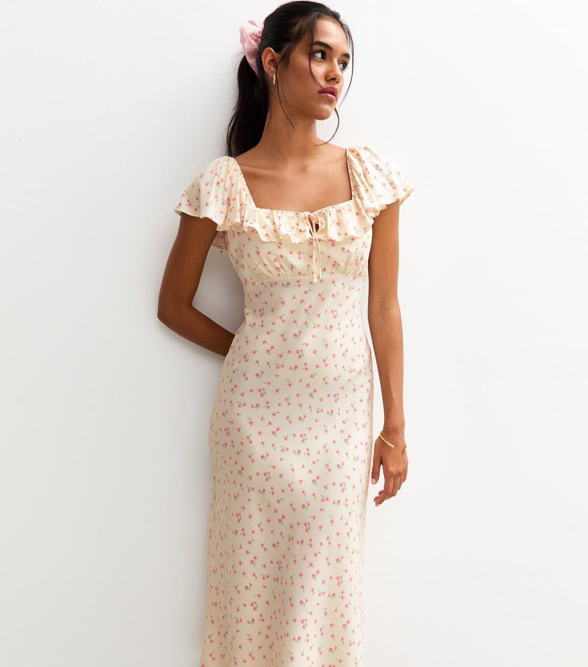 New Look Women's Cream Ditsy Print Square Neck Frill Trim Midi Dress New Look