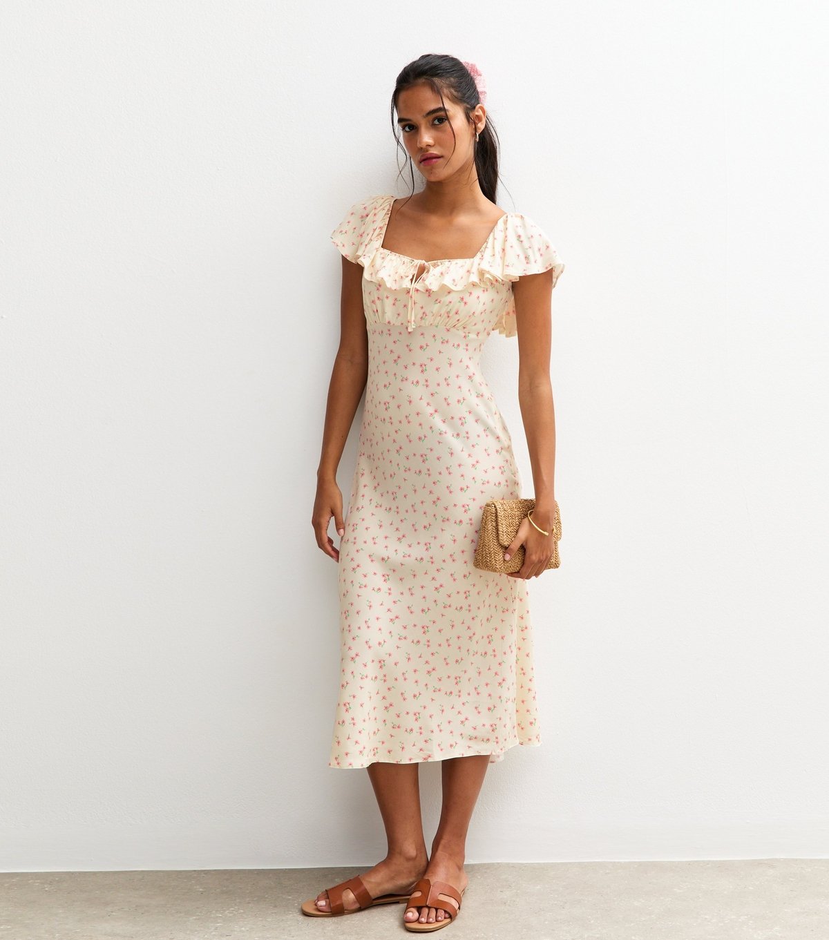 New Look Women's Cream Ditsy Print Square Neck Frill Trim Midi Dress New Look - 3