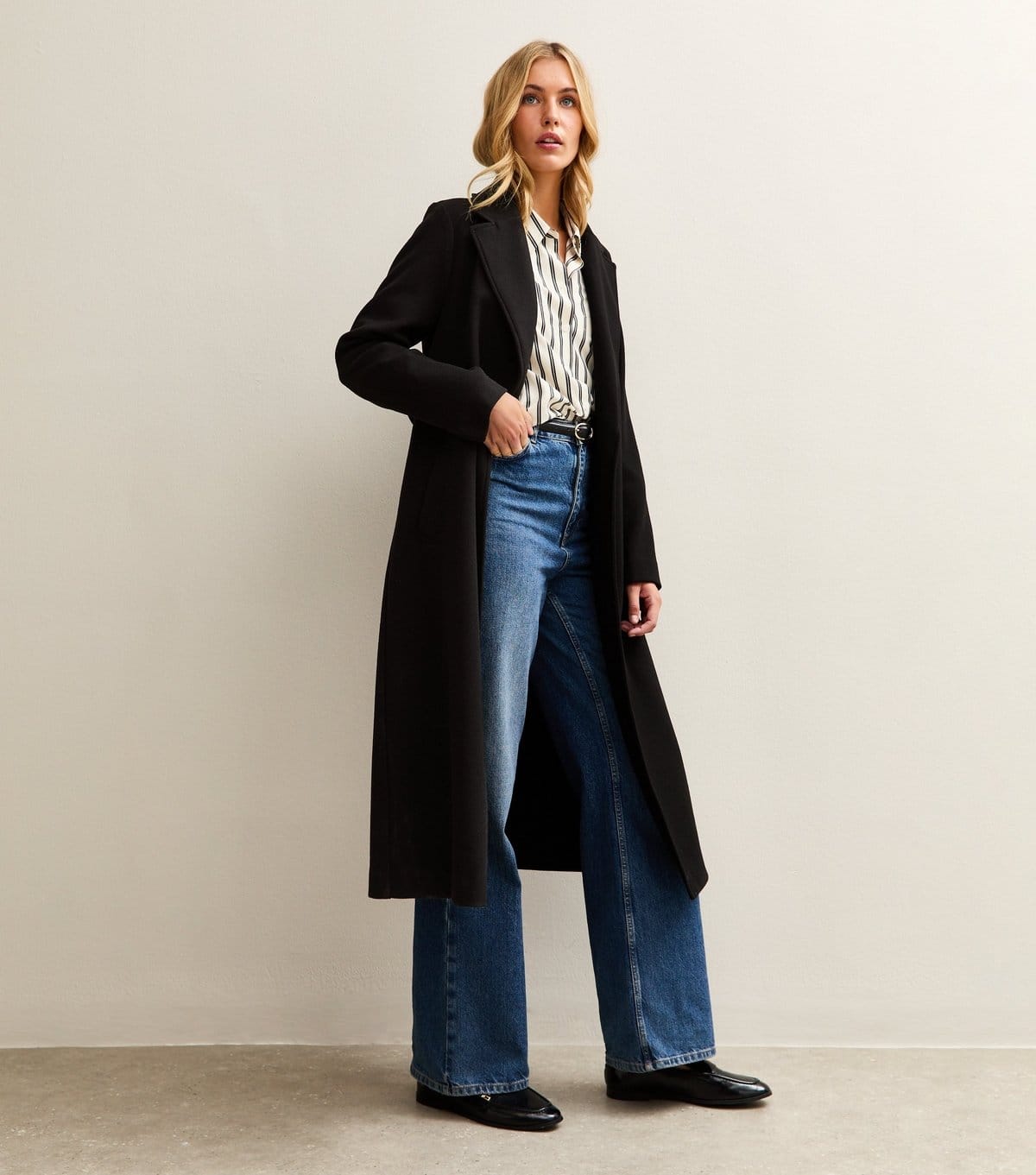 New Look Tall Black Longline Belted Coat