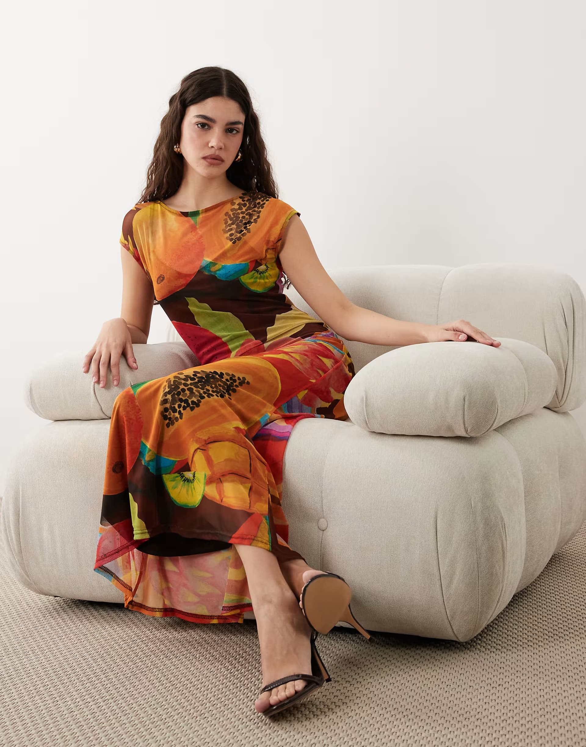 ASOS Never Fully Dressed Rio mesh cap sleeve maxi dress in orange papaya print