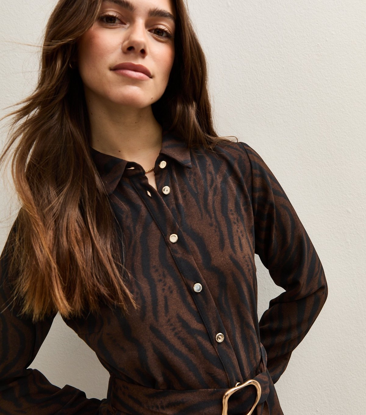 New Look Women's Petite Brown Tiger Print Buckle Detail Mini Shirt Dress New Look - 2