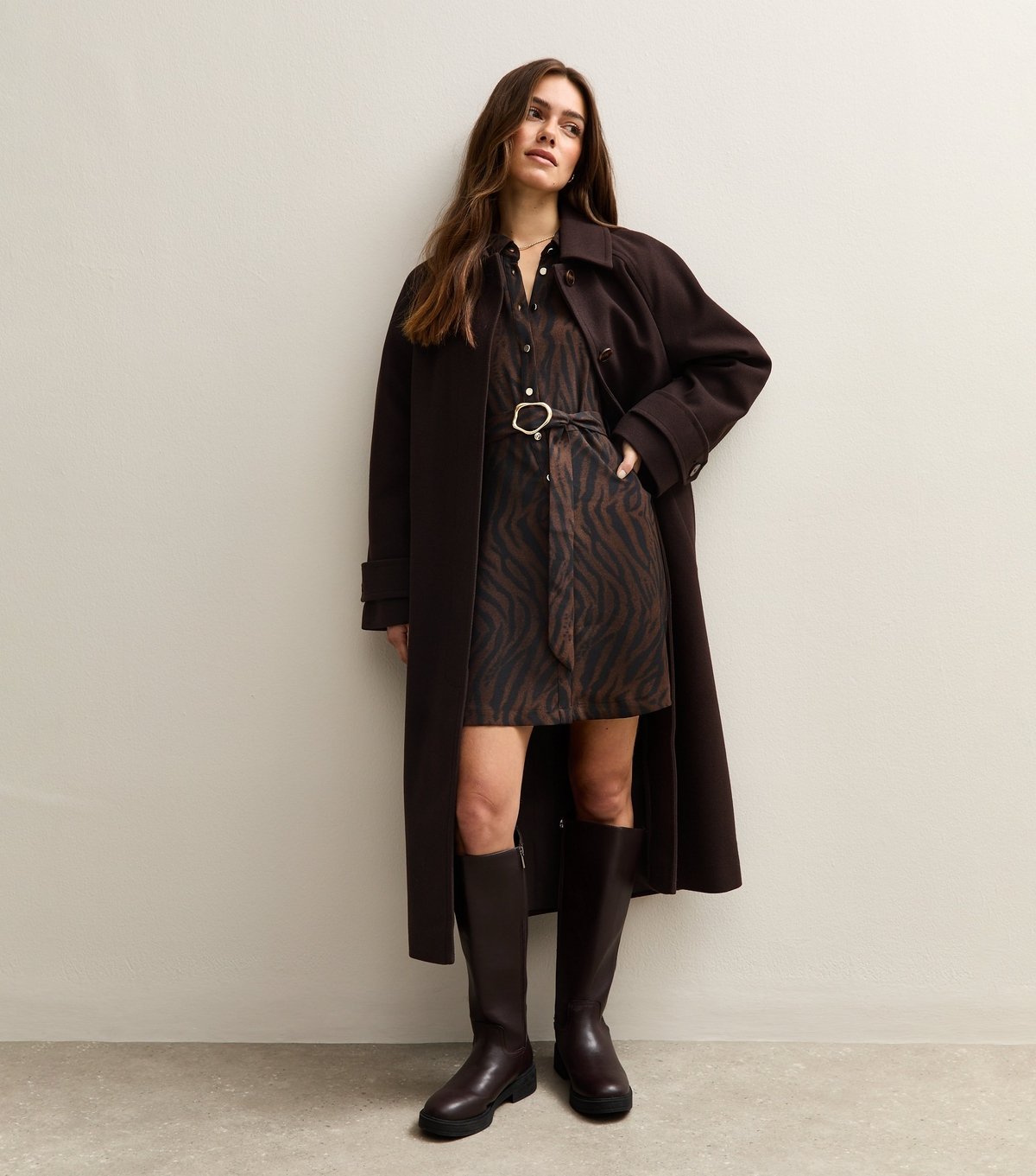 New Look Women's Petite Brown Tiger Print Buckle Detail Mini Shirt Dress New Look - 3