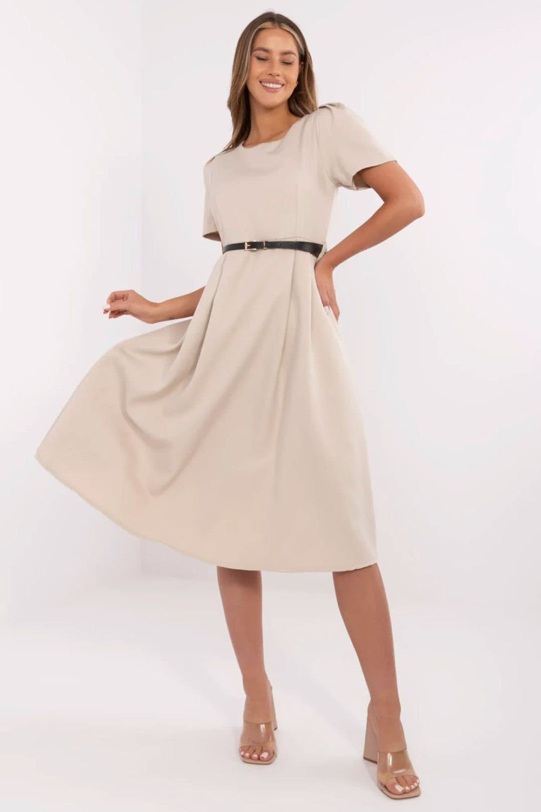 Love Lace Love Lace Women's Classic Midi Flared Dress with Belt Style 211827 in Beige