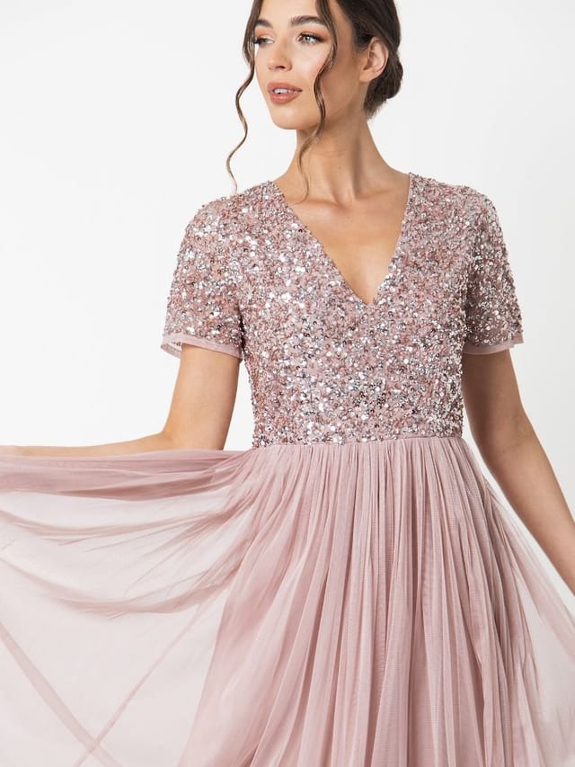 Maya Deluxe Maya Deluxe Women's Short Sleeve V Neck Embellished Midi Dress in Light Pink - 2