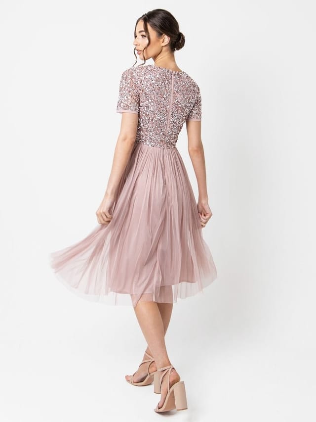 Maya Deluxe Maya Deluxe Women's Short Sleeve V Neck Embellished Midi Dress in Light Pink - 3