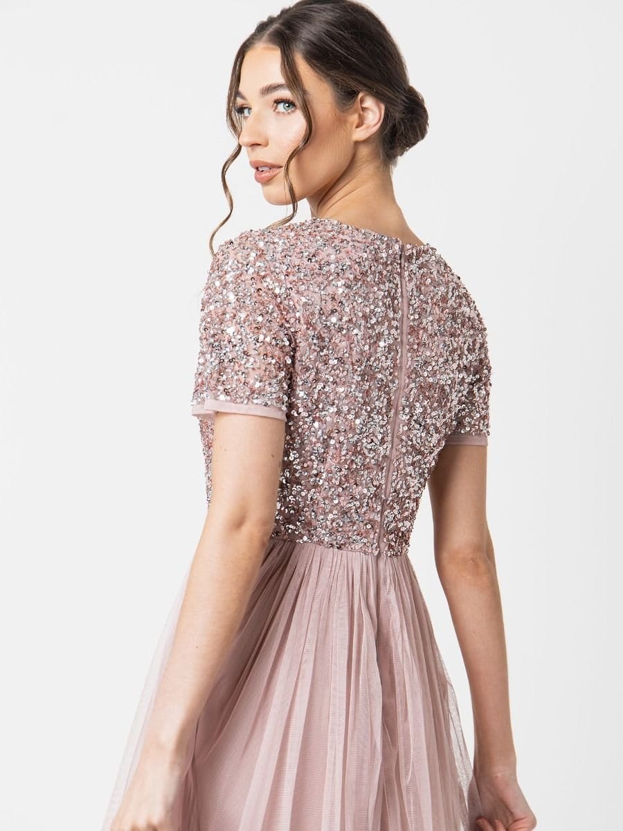 Maya Deluxe Maya Deluxe Women's Short Sleeve V Neck Embellished Midi Dress in Light Pink - 4