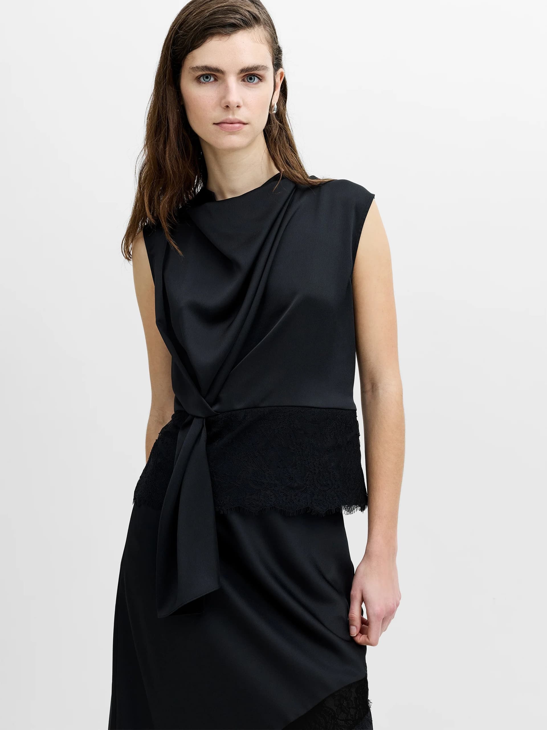French Connection Dahlia Dark Grey Satin Draped Lace Hem Top Graphite Grey/Black