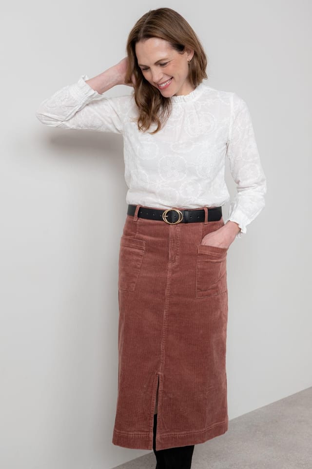 Lily & Me Lily & Me Women's Penrose Stretch Jumbo Cord Midi Length Skirt with Belt loops at waist in Dusty Pink - 2