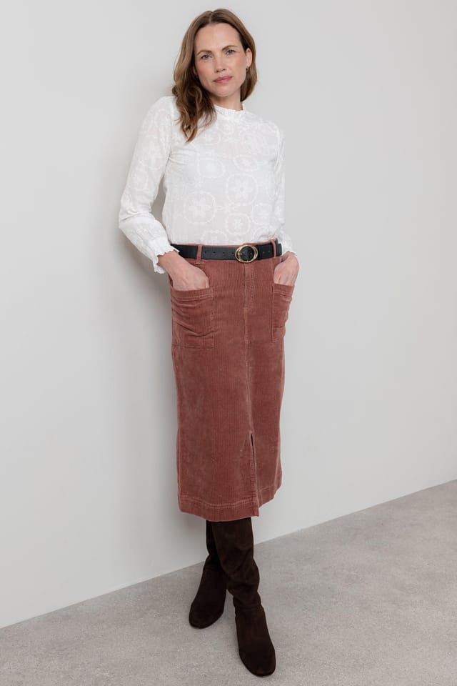 Lily & Me Lily & Me Women's Penrose Stretch Jumbo Cord Midi Length Skirt with Belt loops at waist in Dusty Pink - 3