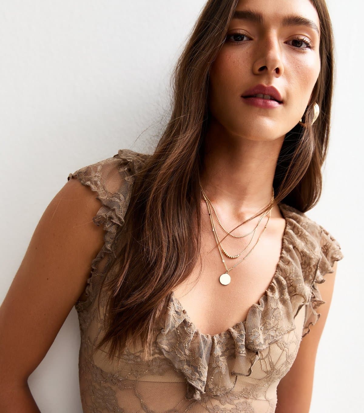 New Look Women's Brown Frill Trim Floral Lace Sheer Bodysuit New Look