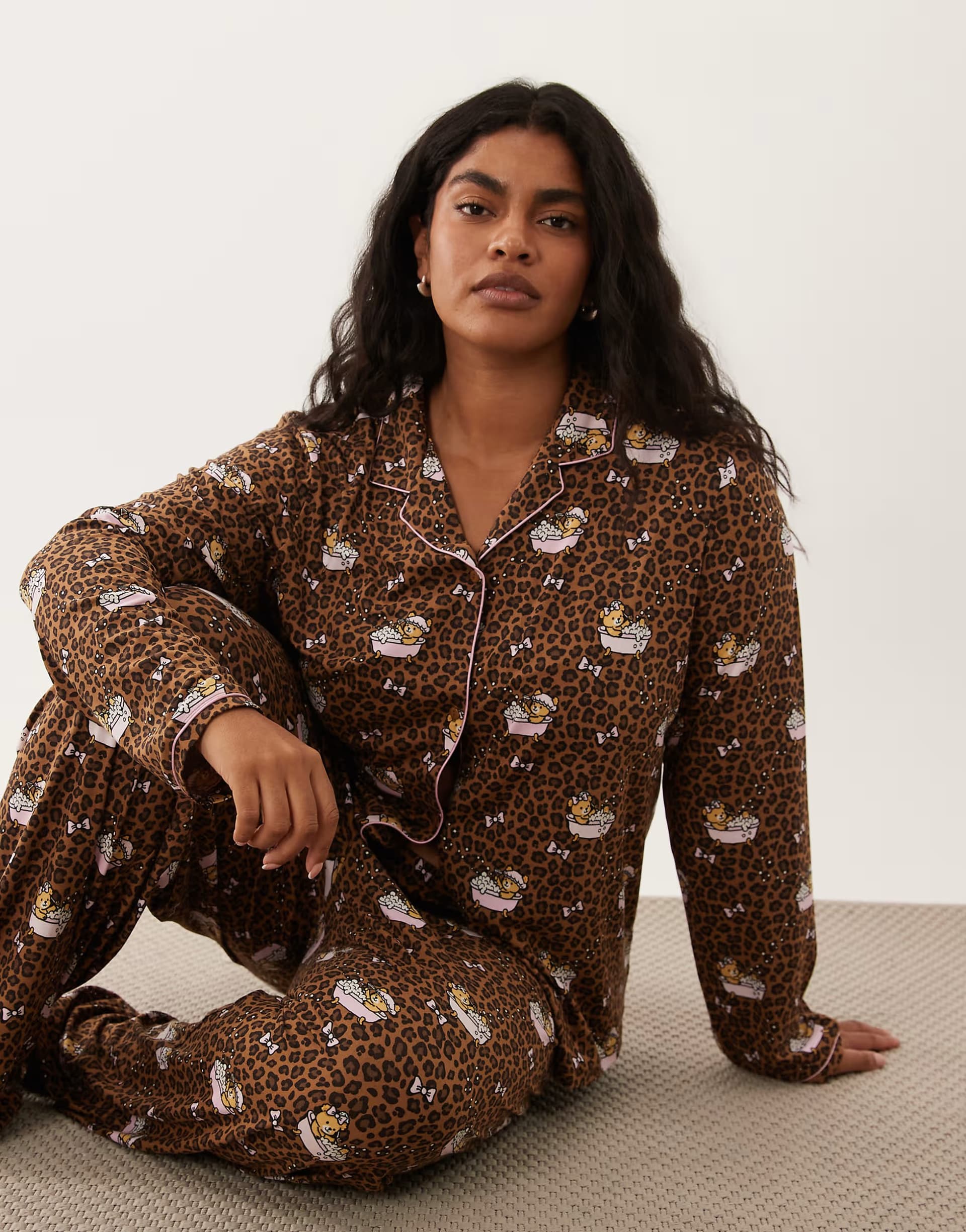 ASOS Urban Threads Curve long sleeve button up shirt and trousers pyjama set in leopard teddy in bath print