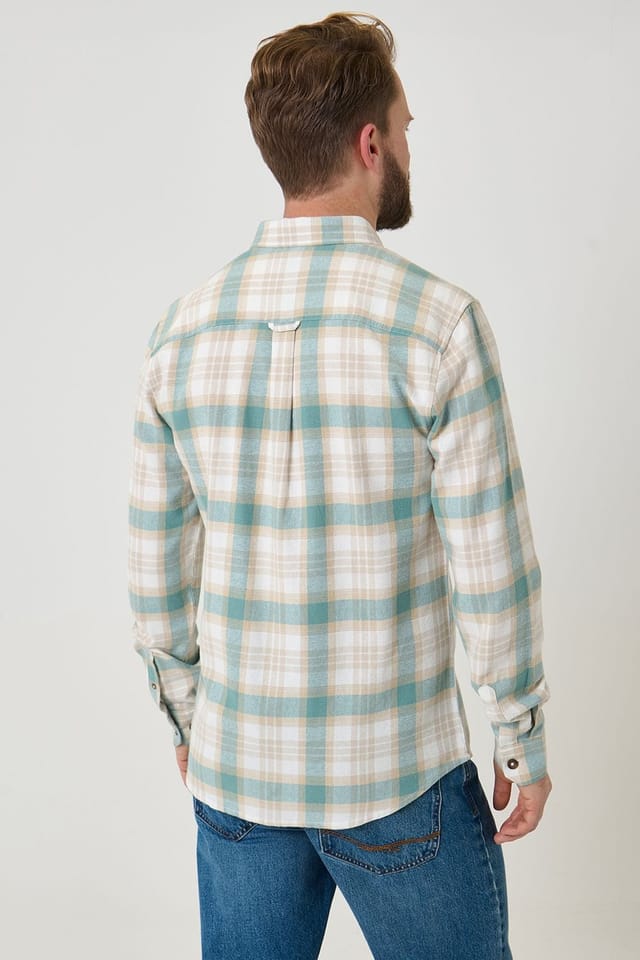 Saltwell Saltwell Men's Brushed Cotton Checked Flannel Shirt in Pale Green - 2