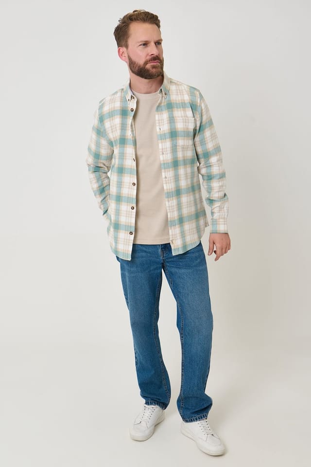 Saltwell Saltwell Men's Brushed Cotton Checked Flannel Shirt in Pale Green - 3