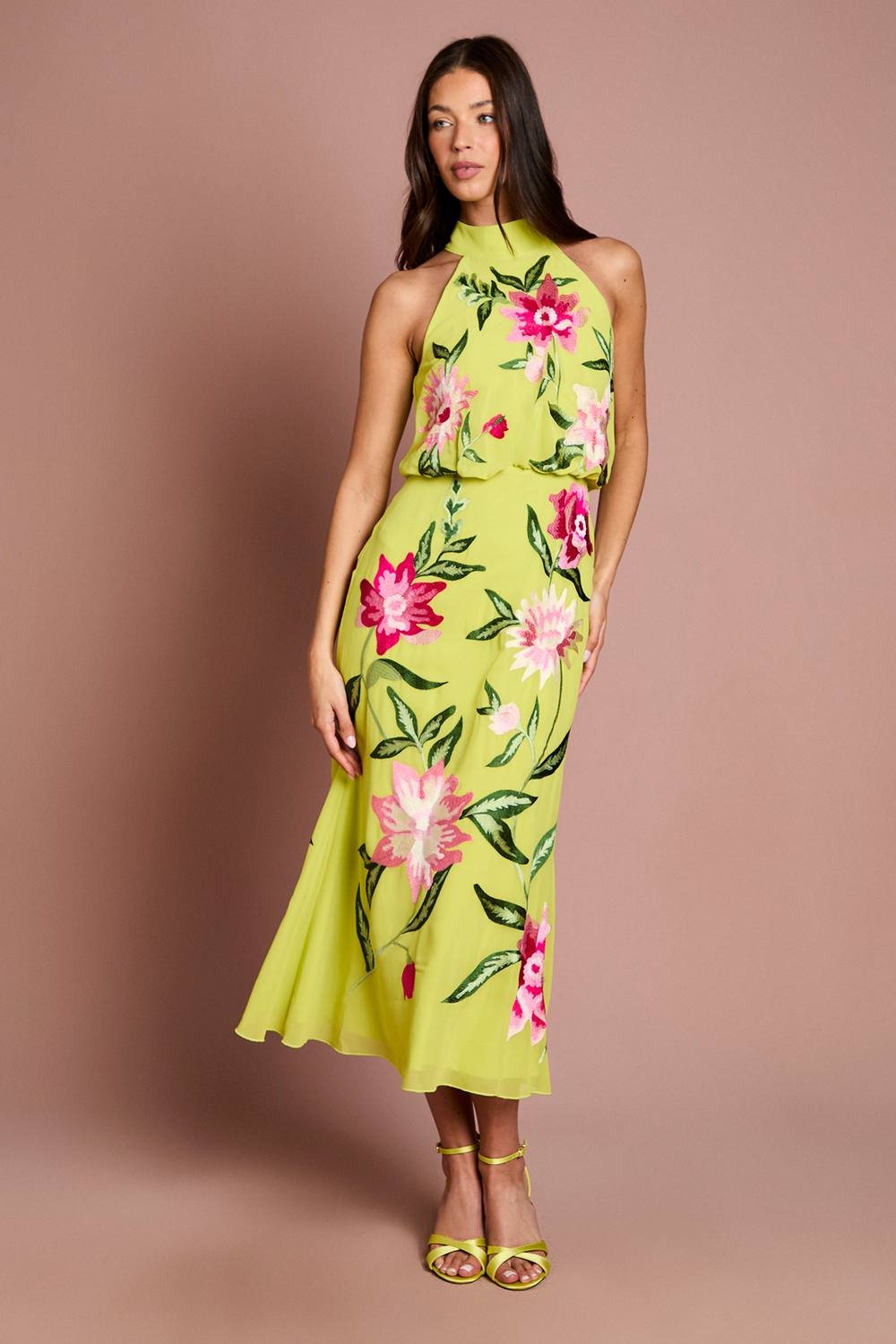 Coast Coast Women's High Neck Midi Dress With Floral Embroidery in Chartreuse - 2
