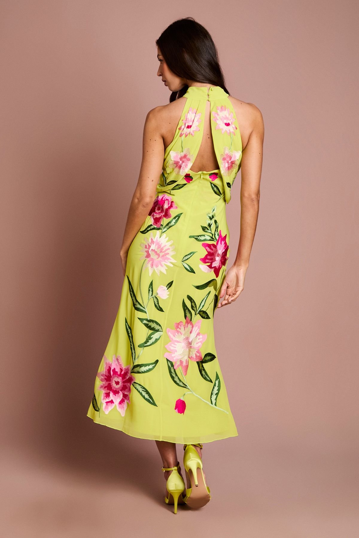 Coast Coast Women's High Neck Midi Dress With Floral Embroidery in Chartreuse - 3