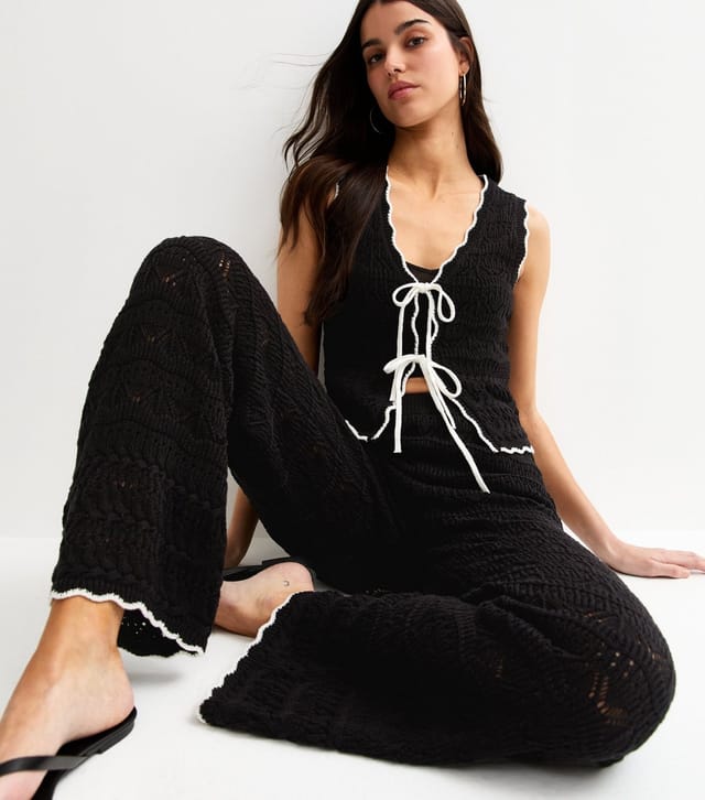 New Look Women's Black Cotton Rich Crochet Tipped Wide Leg Trousers New Look - 3