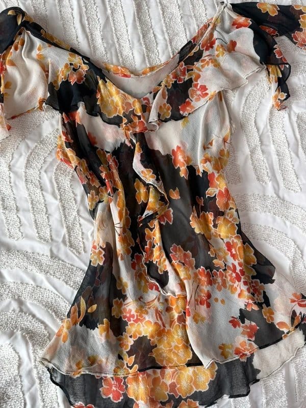 ICE Orange Hibiscus Flower 100% Silk Off-Shoulder Top