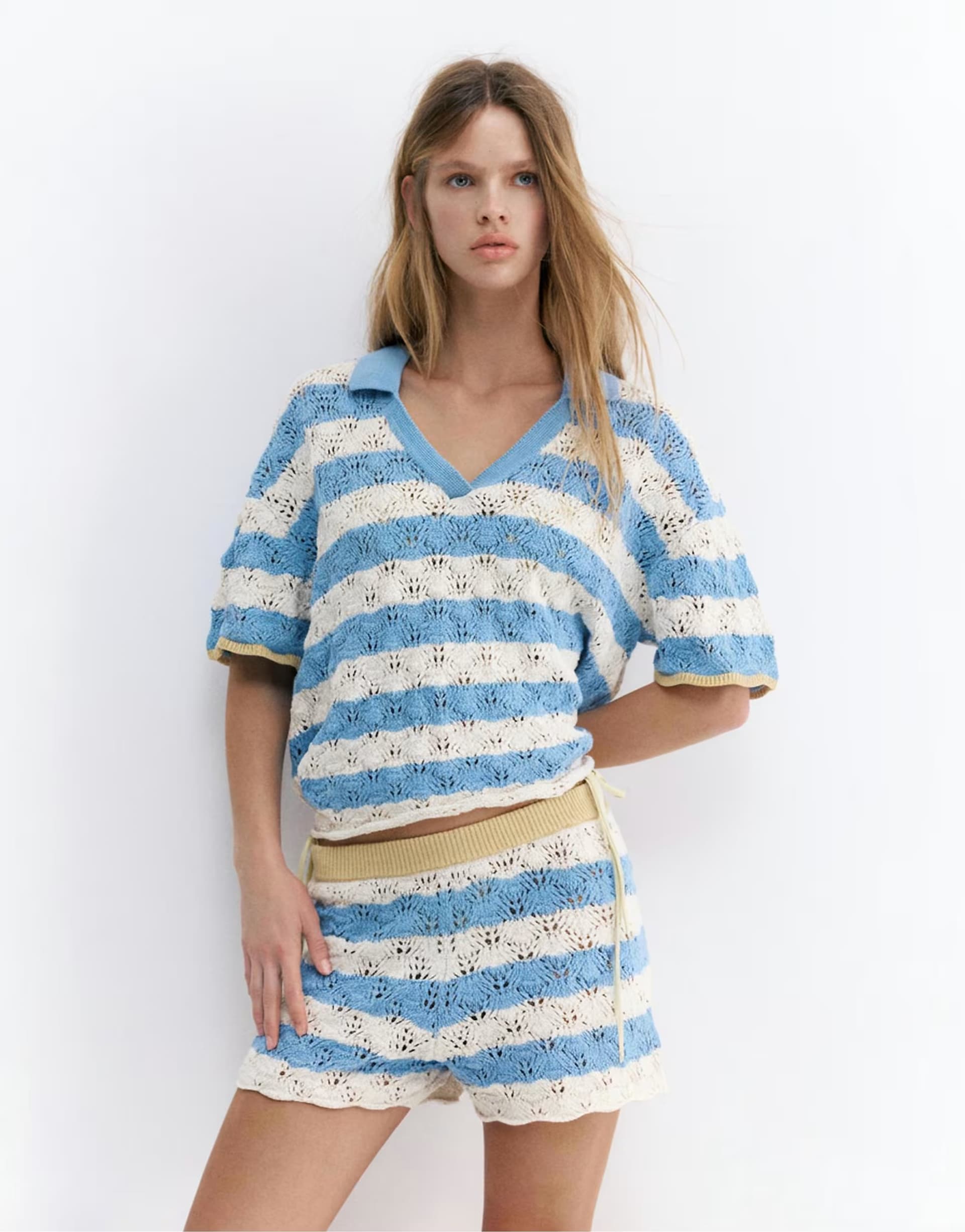 ASOS ASOS Pull&Bear Pale Blue Crochet Polo Shirt