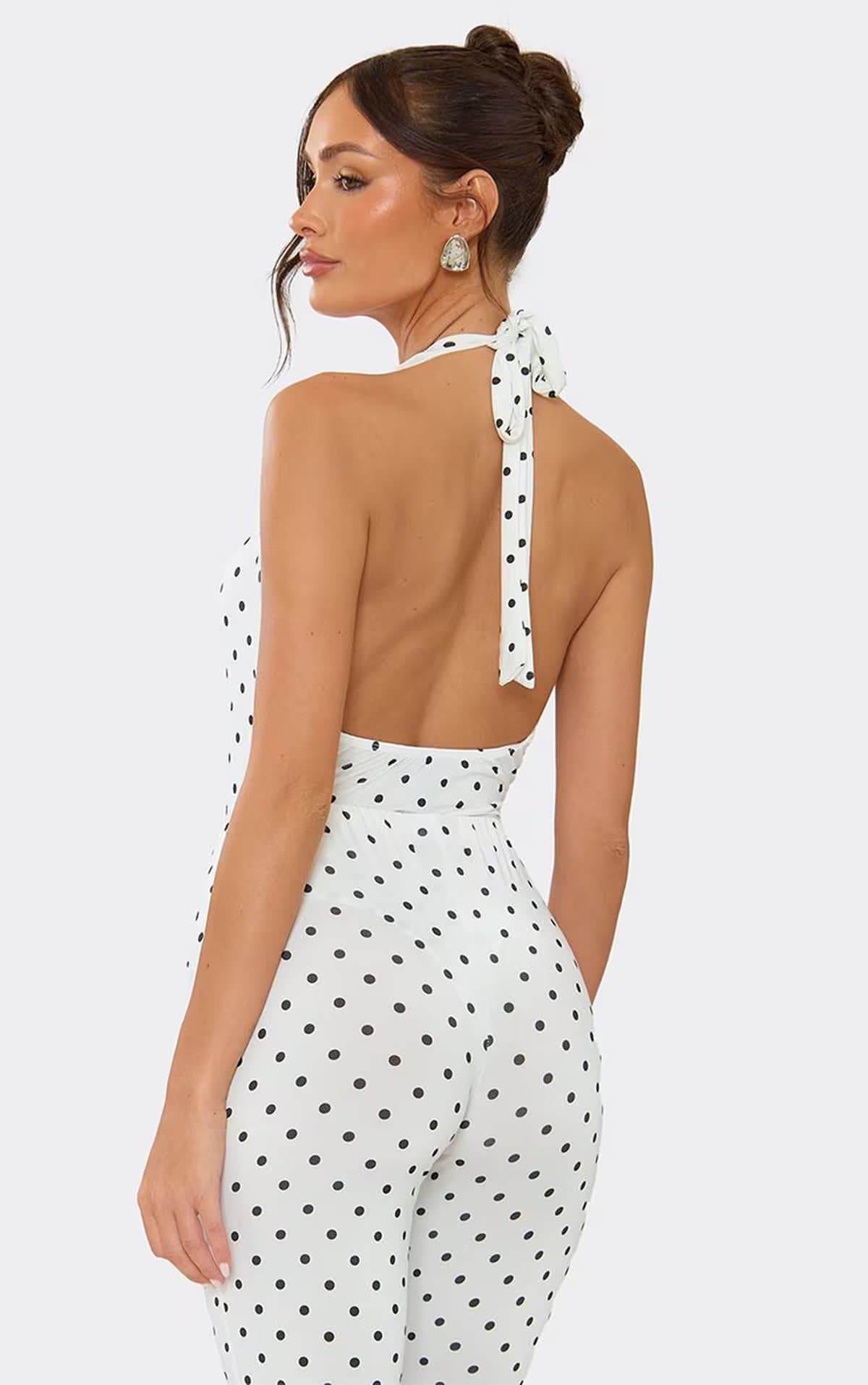 EGO Plunge Halterneck Fitted Top In White Polka Dot., Women's Size UK 6