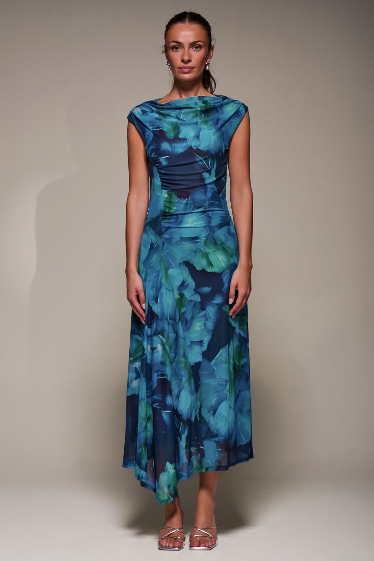 Jolie Moi Jolie Moi Women's Slash Neck Ruched Mesh Maxi Dress in Blue - 4