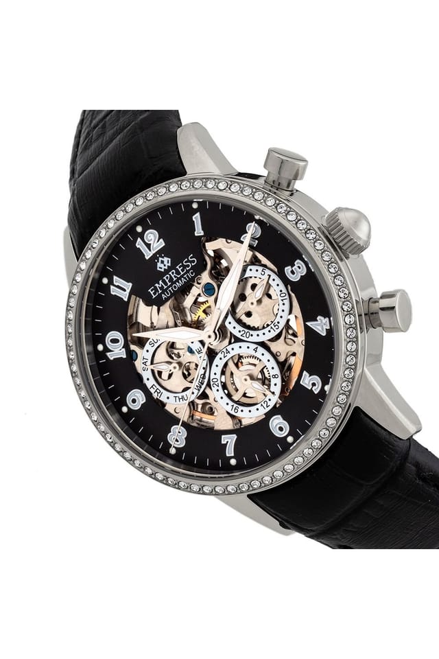 Empress Empress Women's Beatrice Automatic Skeleton Dial Leather-Band Watch with Day & Date in Black - 3