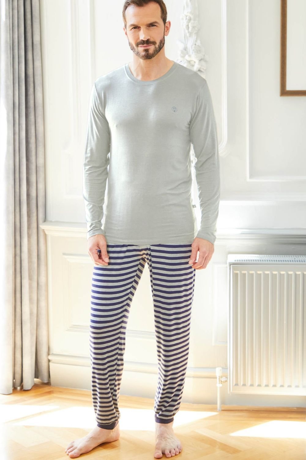 British Boxers British Boxers Men's "Grey Melange" Stripe Bamboo Pyjama Set in Light Grey - 2