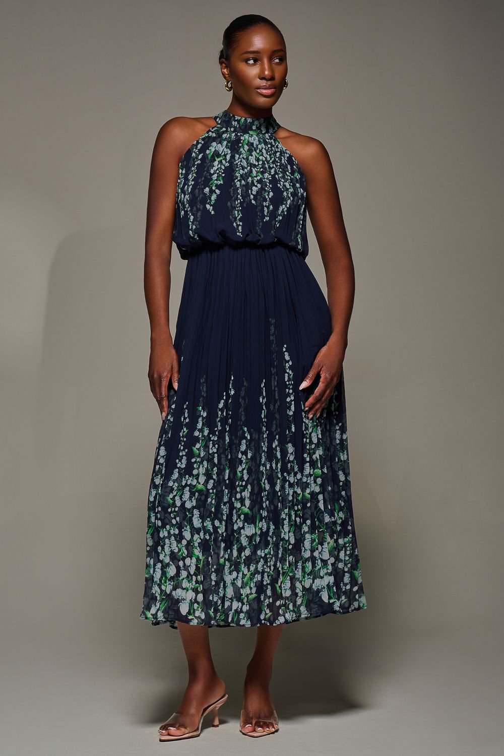 Jolie Moi Jolie Moi Women's Mirrored Chiffon Pleated Halter Neck Max in Navy - 2