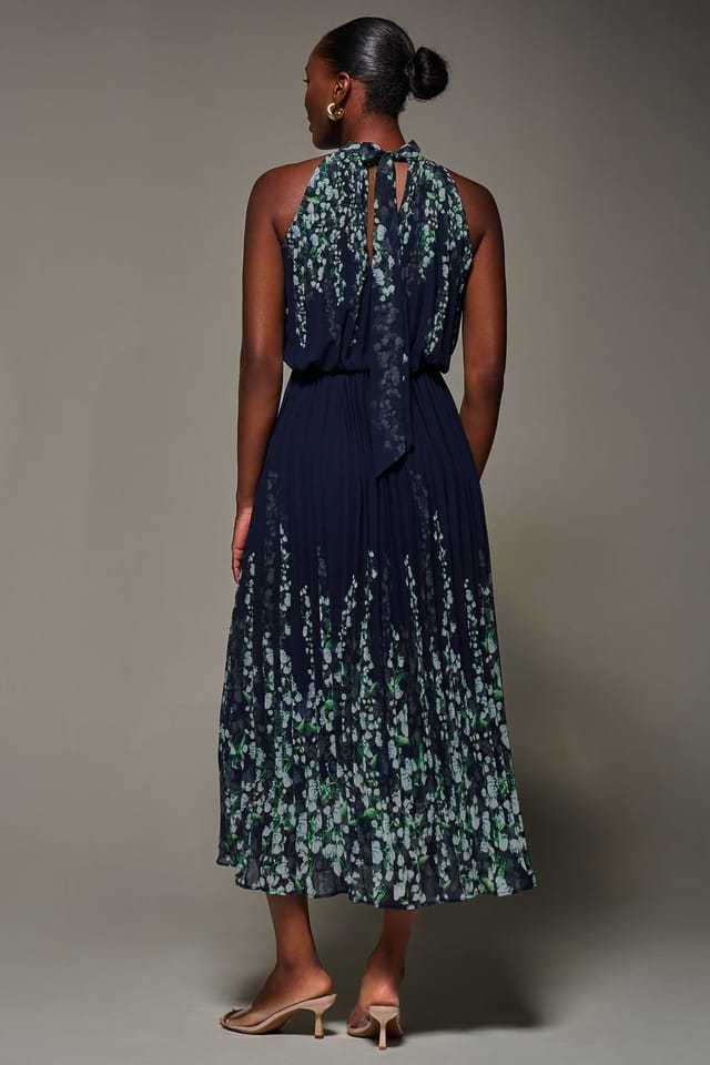 Jolie Moi Jolie Moi Women's Mirrored Chiffon Pleated Halter Neck Max in Navy - 2