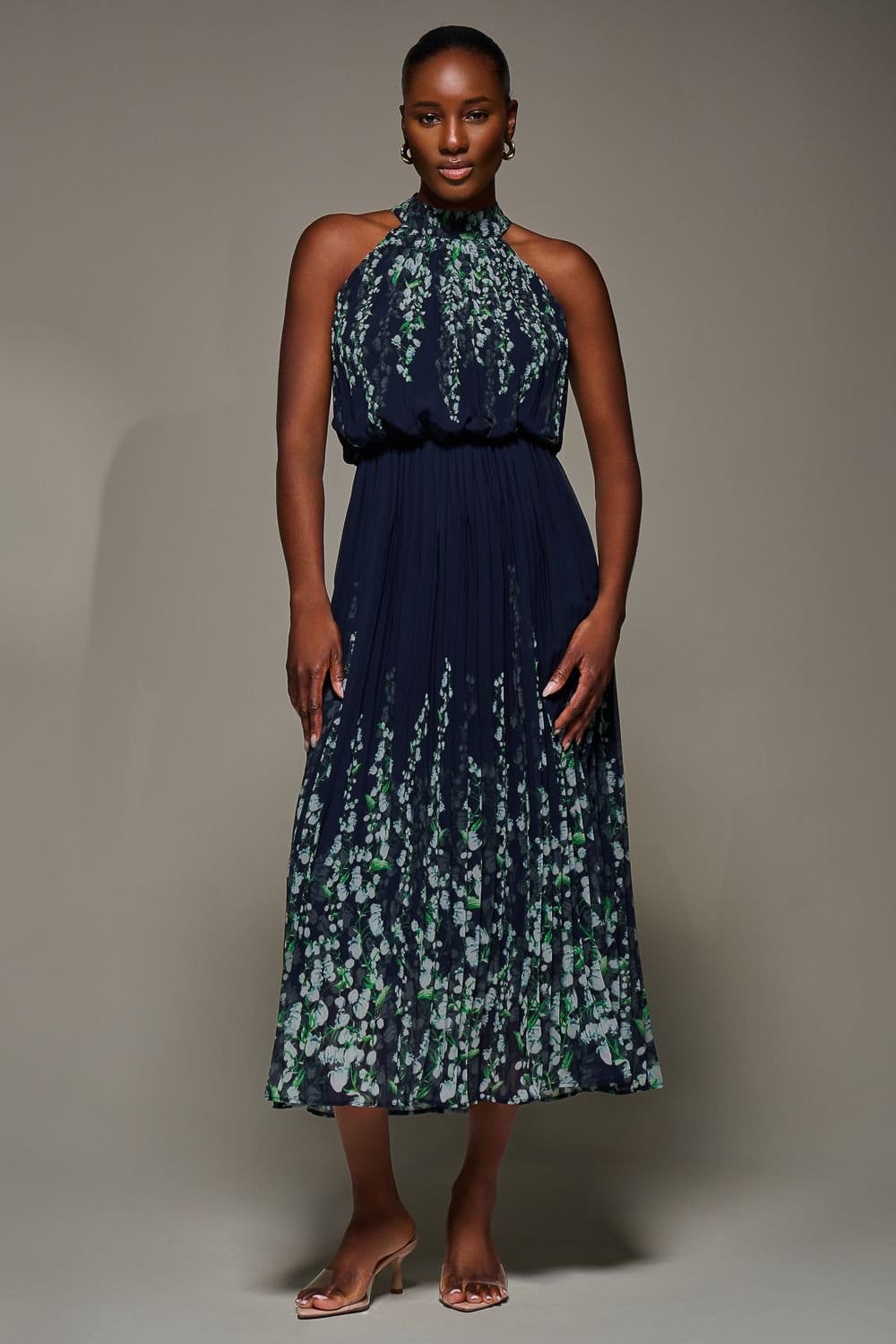 Jolie Moi Jolie Moi Women's Mirrored Chiffon Pleated Halter Neck Max in Navy - 4