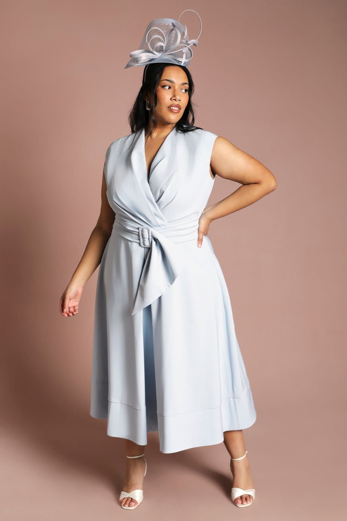 Coast Coast Women's Plus Belted Crepe Midi Dress in Light Blue