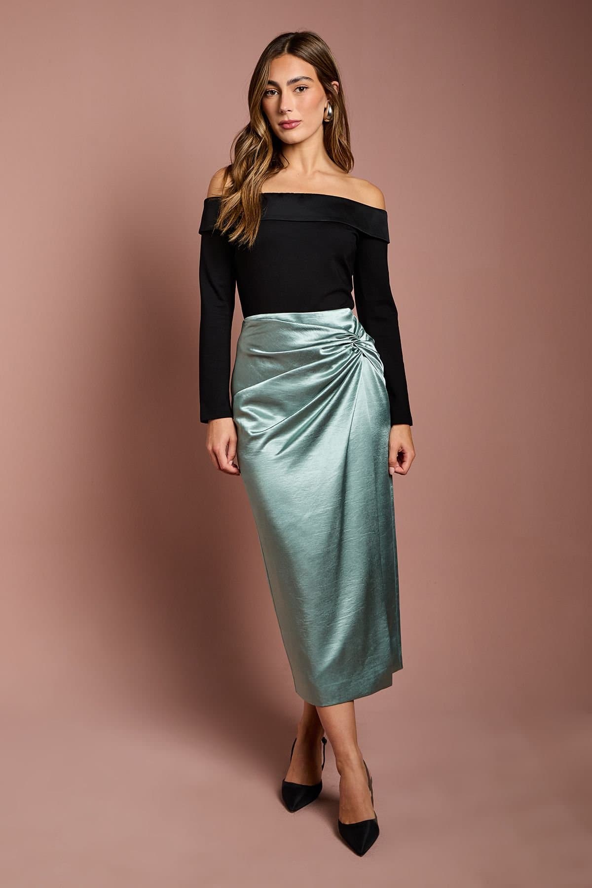 Coast Coast Women's Satin Wrap Midi Skirt in Green