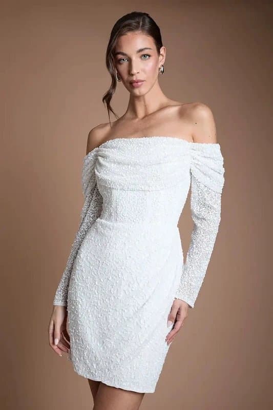Coast Coast Bridal Ivory Sequin Bardot Long Sleeve Mini Dress UK 8
