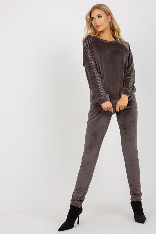 Love Lace Love Lace Women's Velour Rhinestone Sleeve Blouse Pants Set in Grey - 3