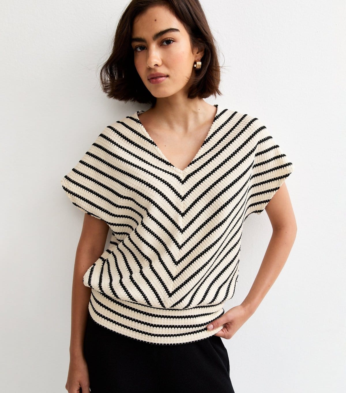 New Look White Textured Stripe Batwing Sleeve Top