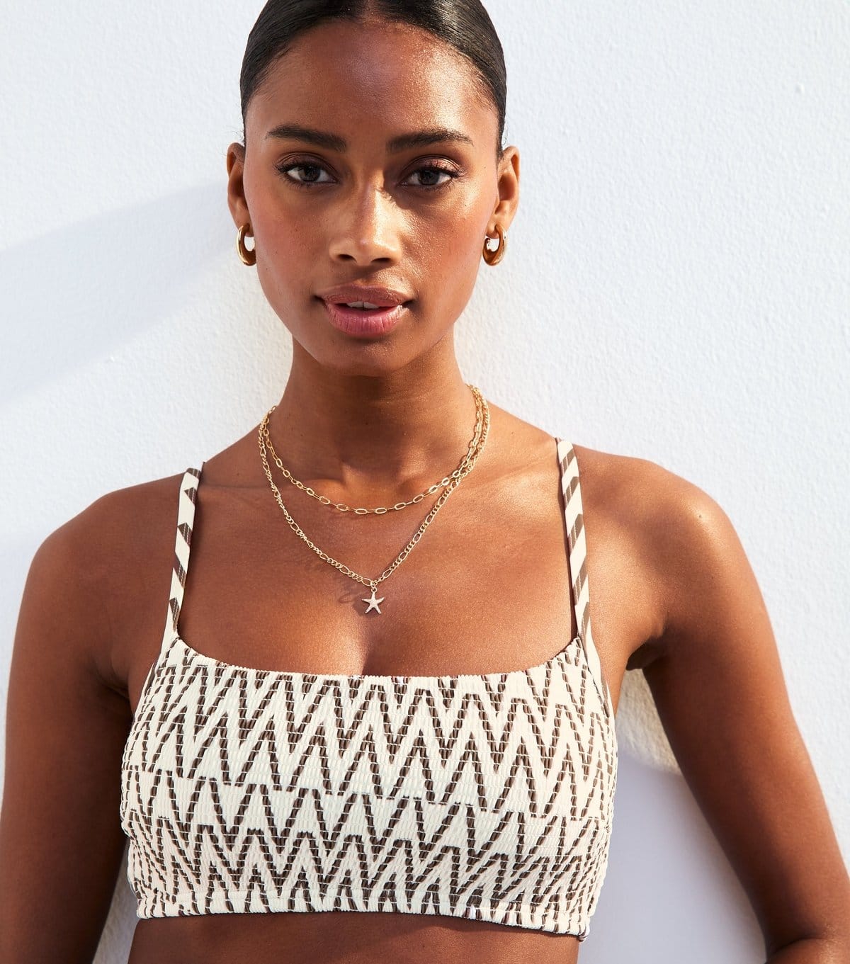 New Look White Patterned Crop Bikini Top