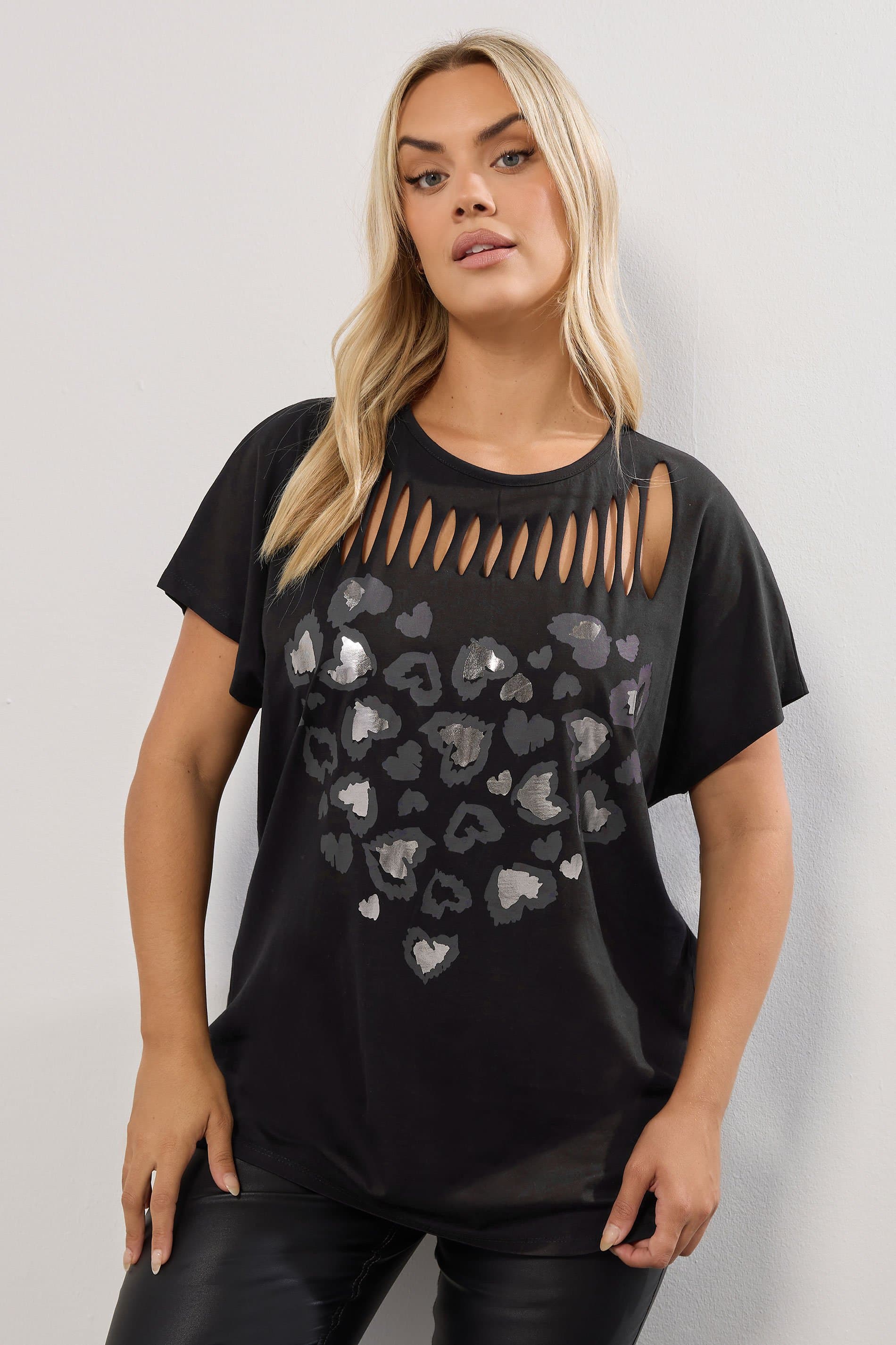 Yours Plus Size Black Leopard Heart Slash Detail Top