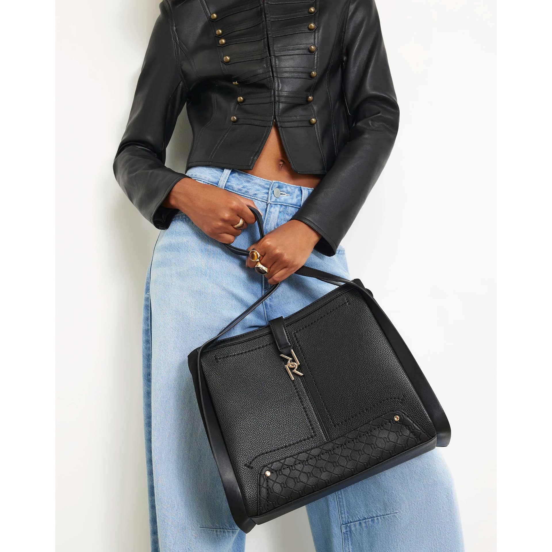 River Island River Island Womens Black Rr Tab Front Slouch Bag