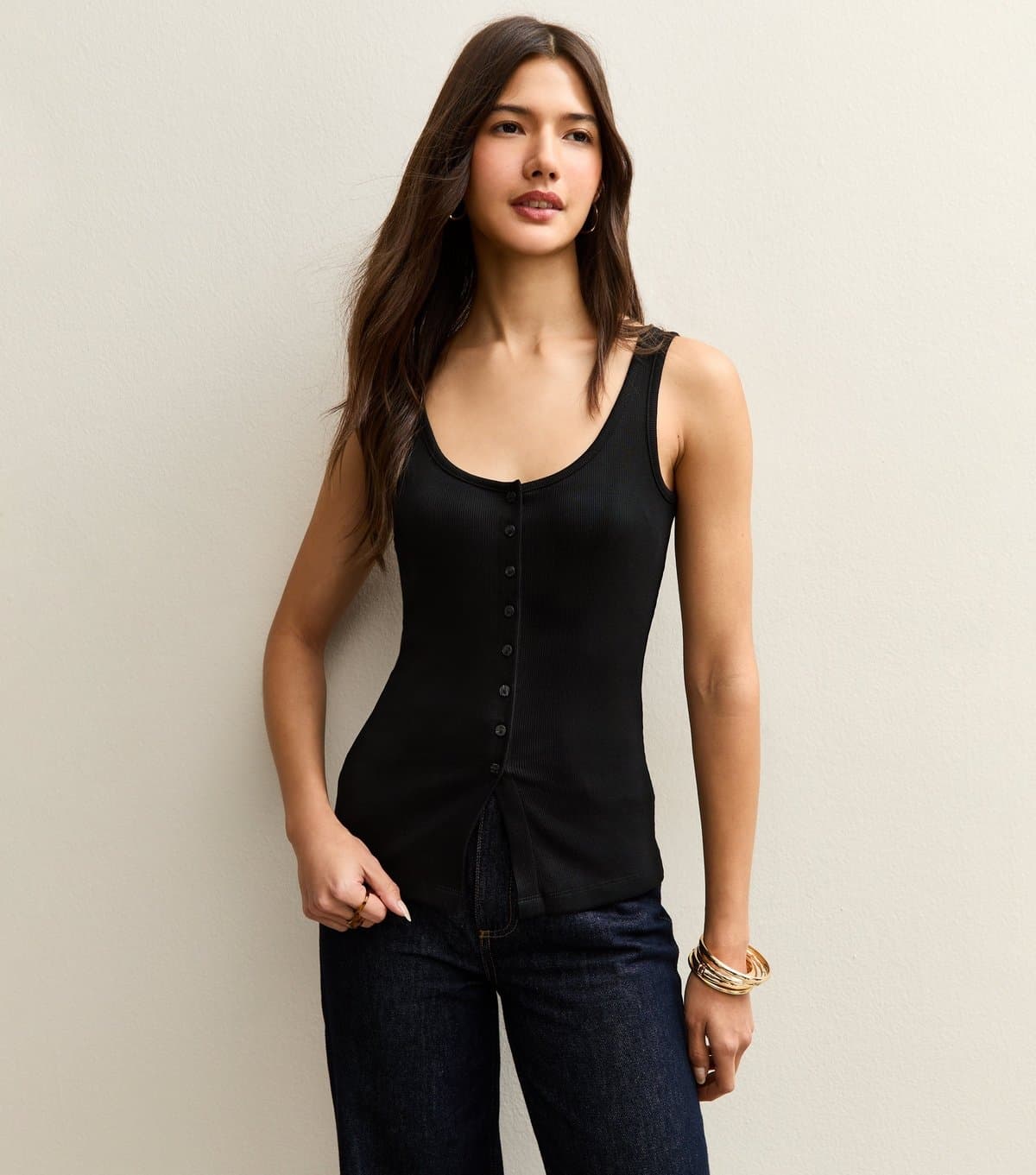 New Look Women's Black Ribbed Button Up Tank Top New Look