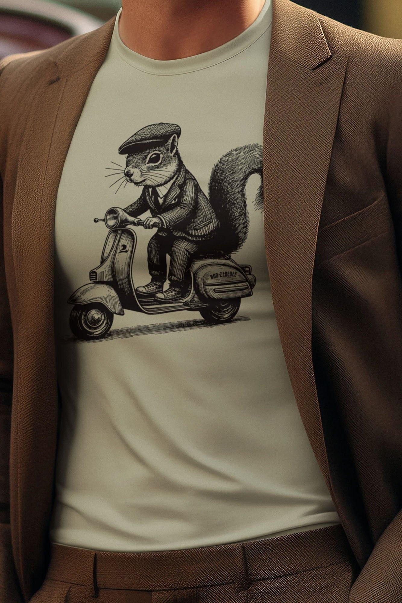 Bad Zebedee Bad Zebedee Men's Scooter Squirrel T-Shirt in Light Khaki - 2