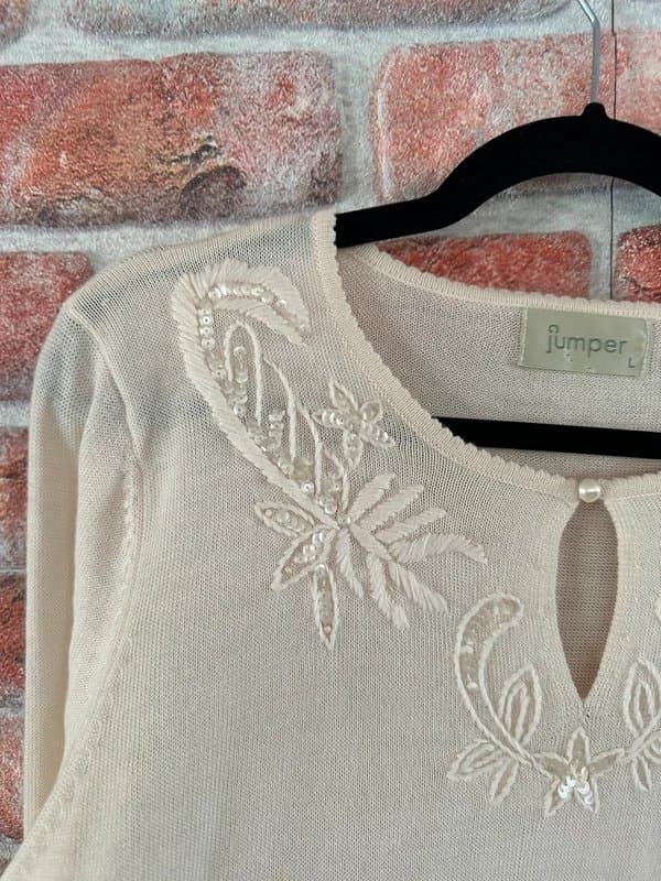 Jumper Cream Vintage Knit Embroidered Wool Sweater