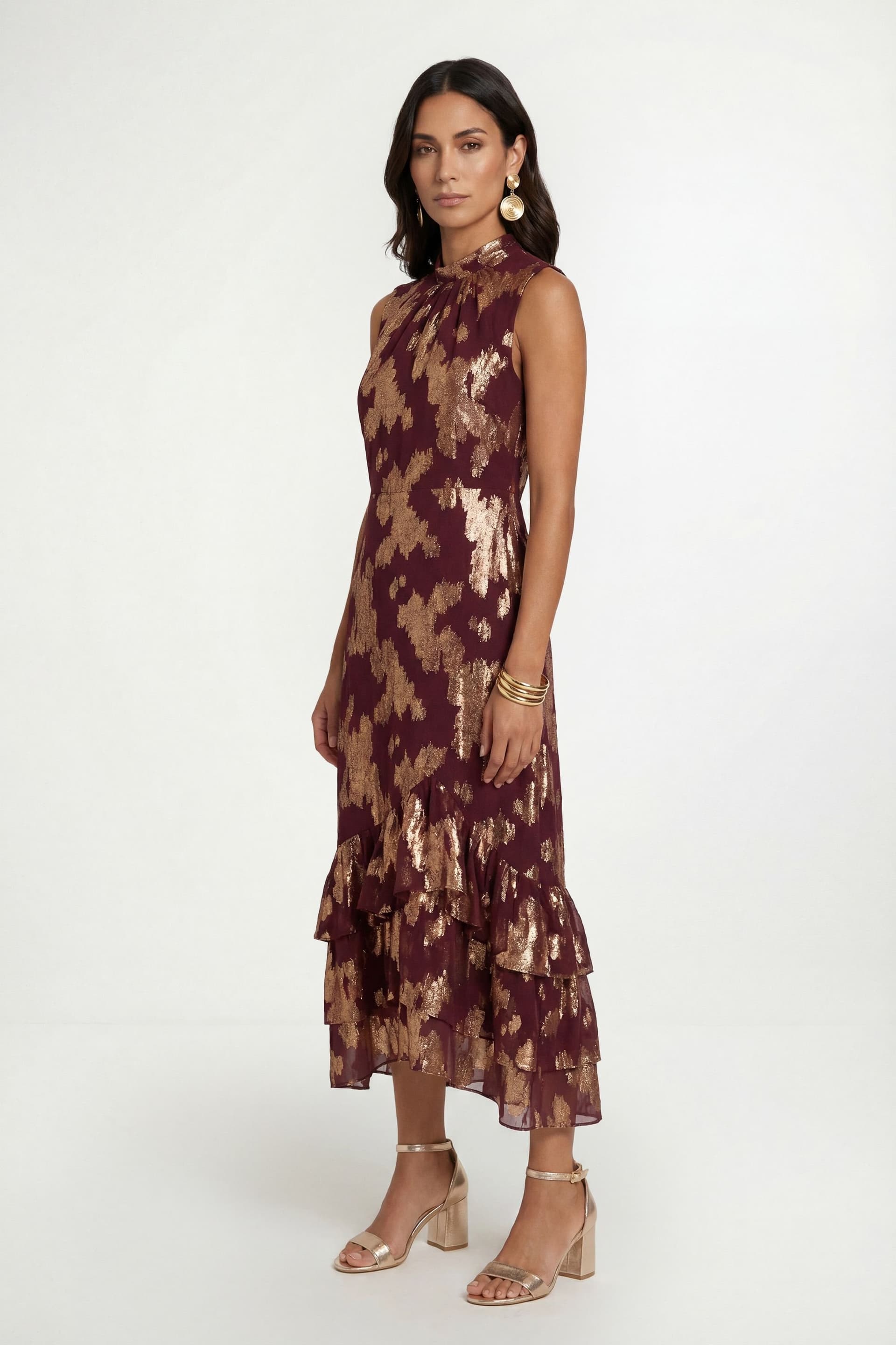 Wallis Wallis Women's Metallic Ruffle Hem Maxi Dress in Plum