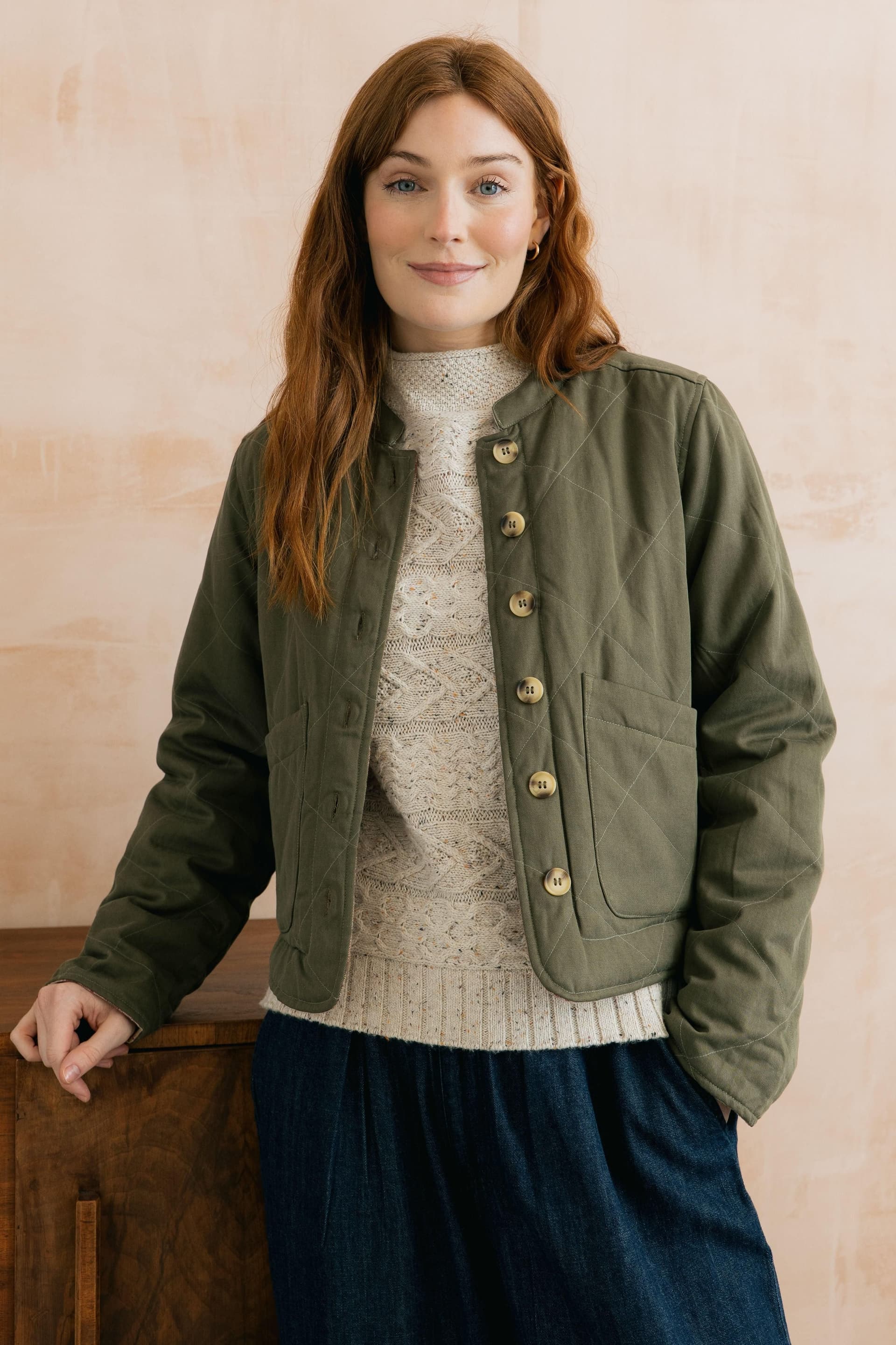 Lily & Me Lily & Me Women's Olive Quilted Tencel Cropped Jacket with Mandarin Collar